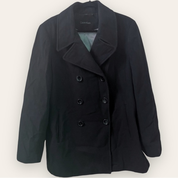 CALVIN KLEIN - Double Breasted Wool Blend Classic Pea Coat BLACK Blazer Jacket - Picture 2 of 10